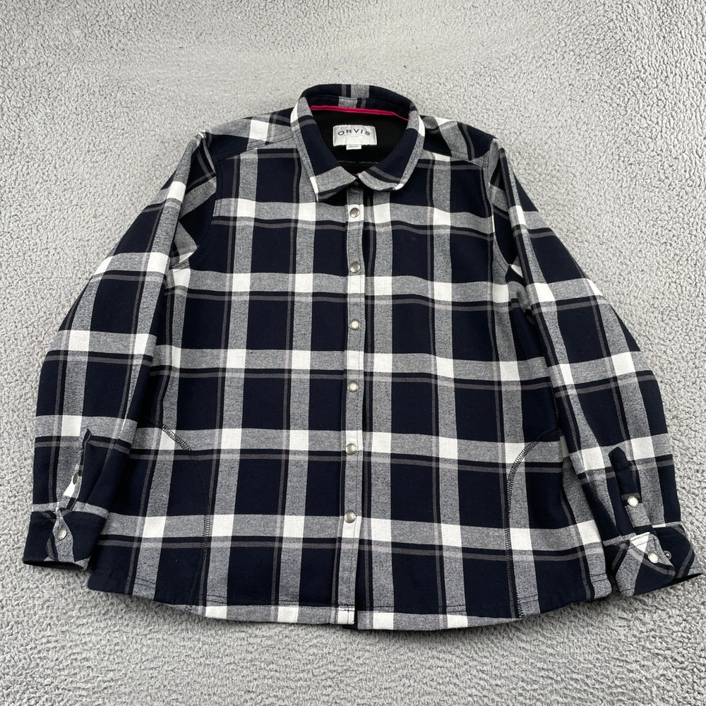 Orvis Shirt Jacket Womens XXL Black Plaid Fleece Lined Snap Front Pockets